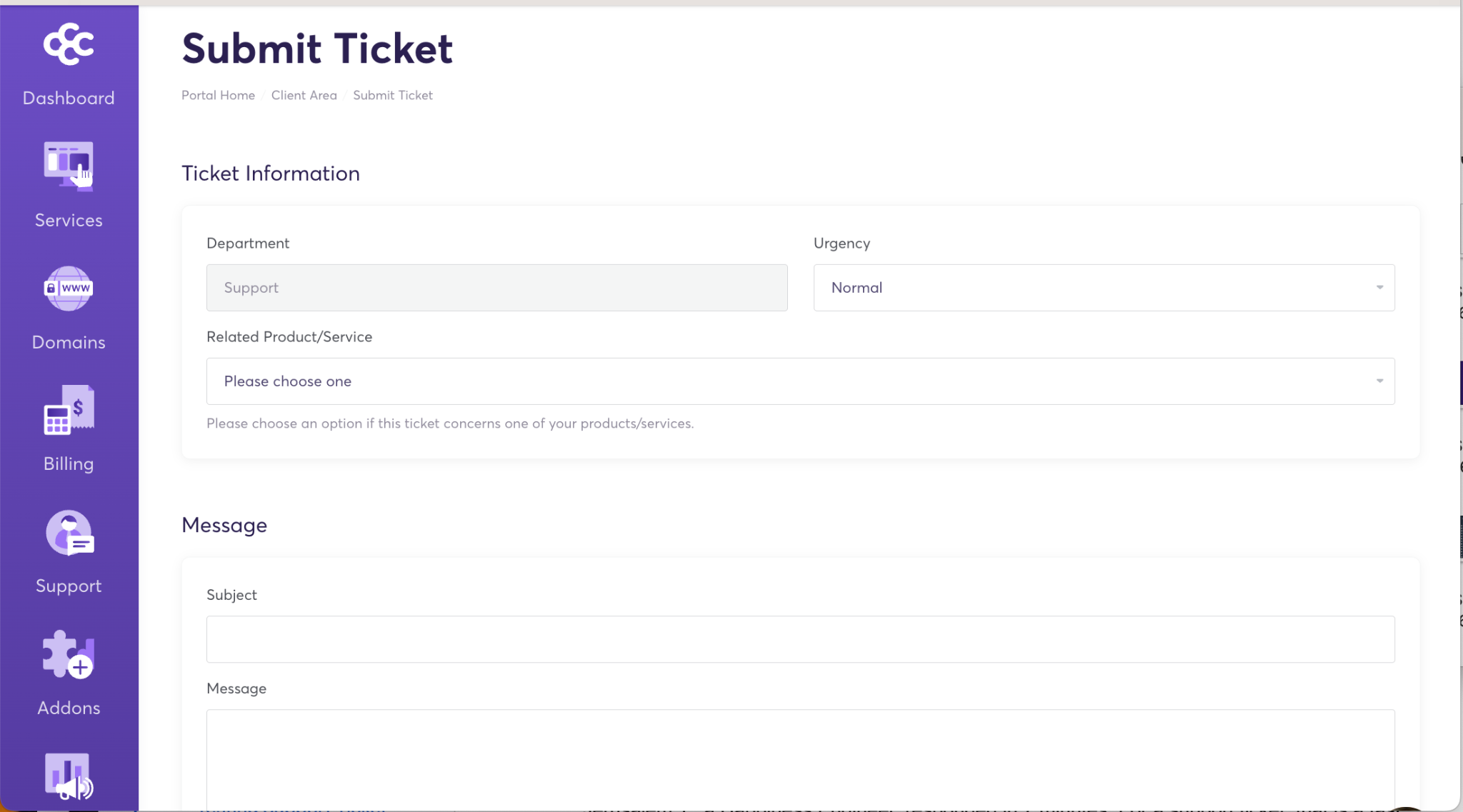 ChemiCloud support ticket form with service and priority fields