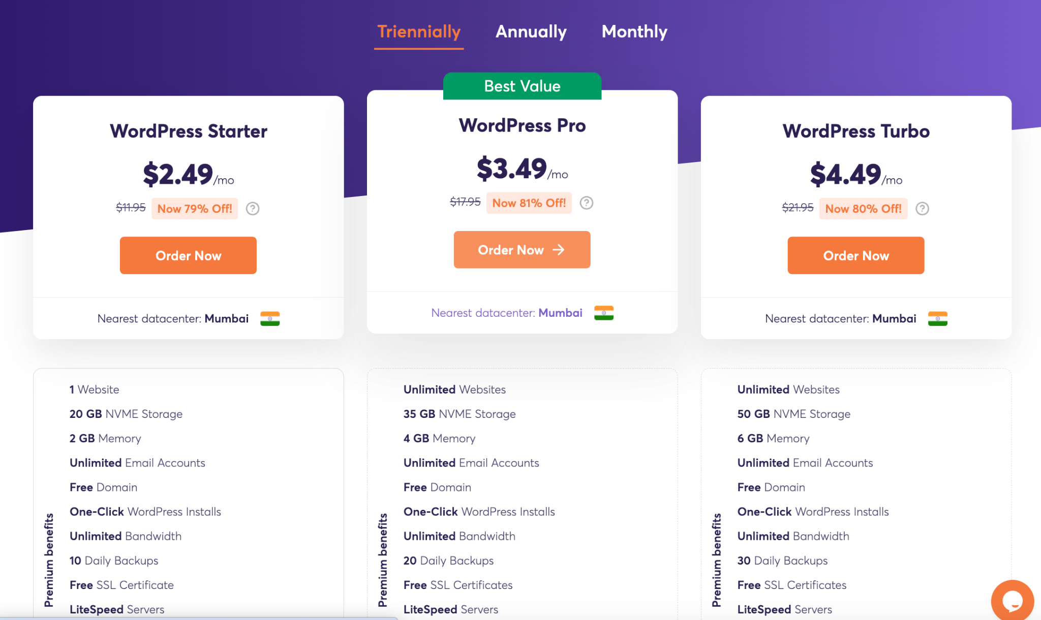 ChemiCloud WordPress hosting plans page with Turbo plan selected