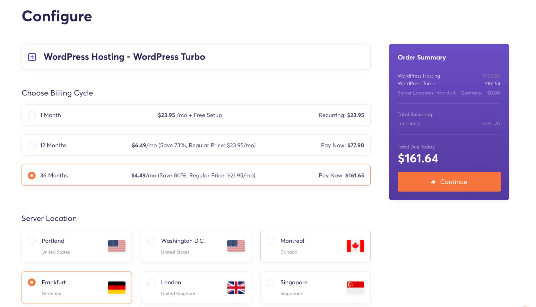 ChemiCloud WordPress hosting configuration page with billing cycle and server location