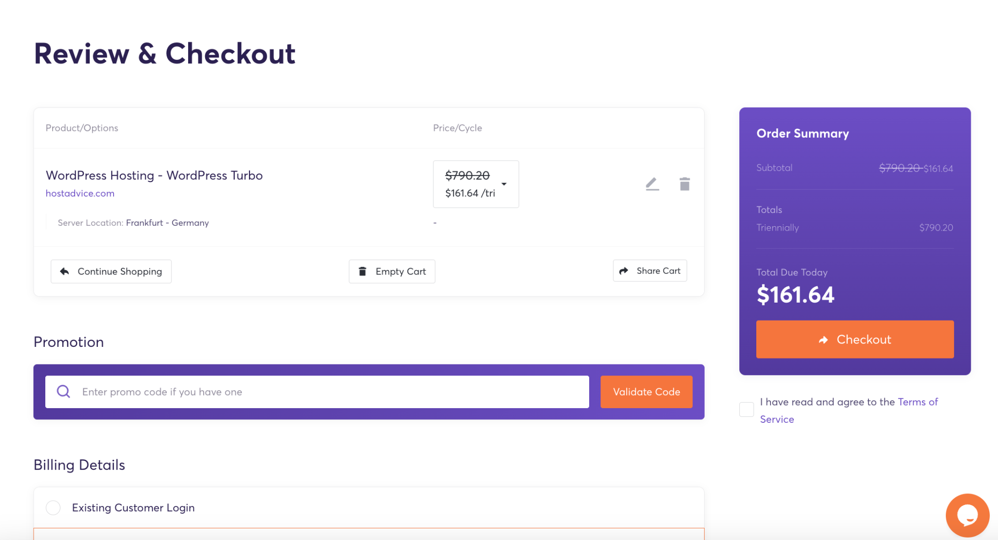 ChemiCloud review and checkout page for WordPress hosting order