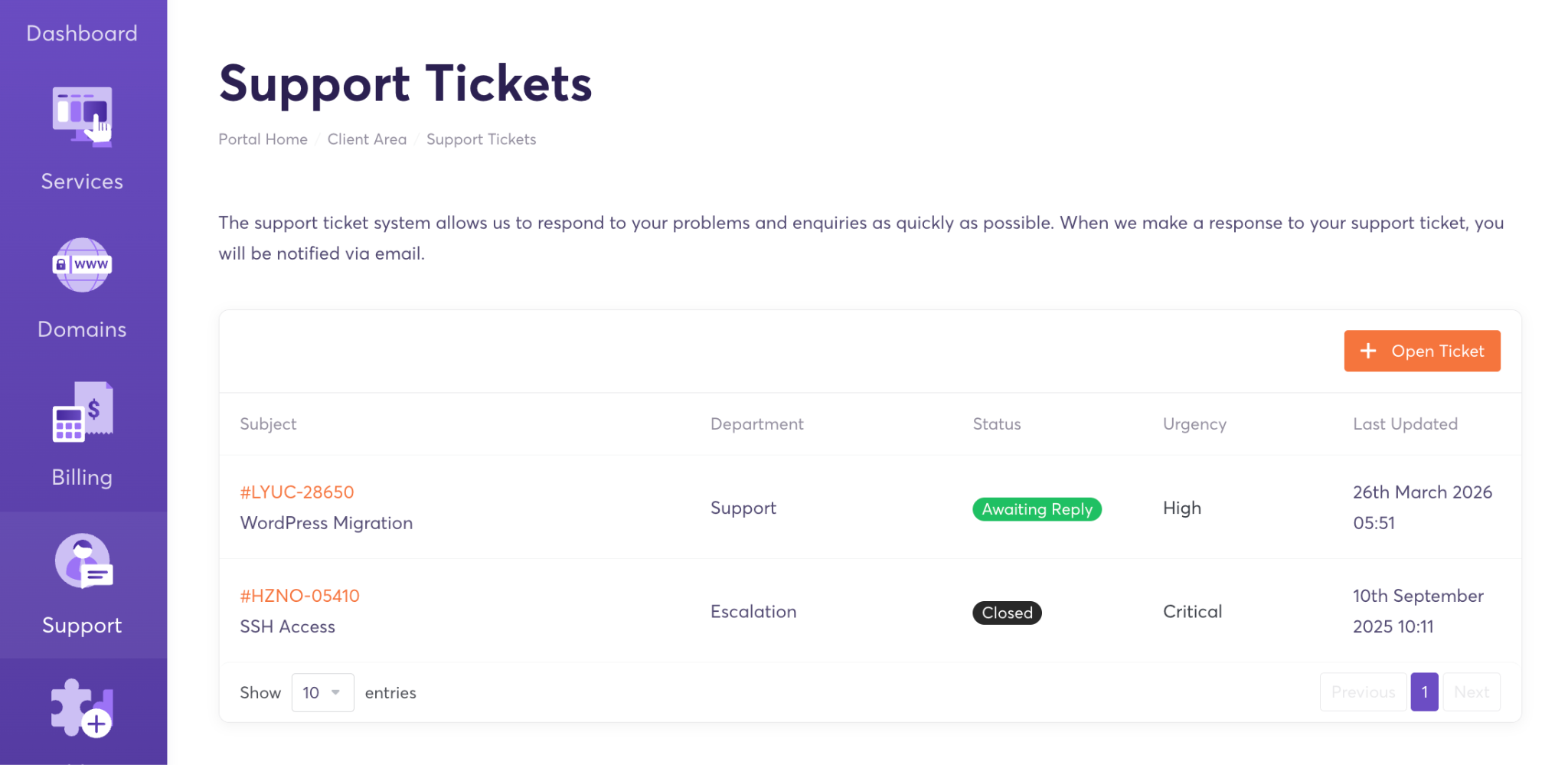 ChemiCloud client area support ticket list