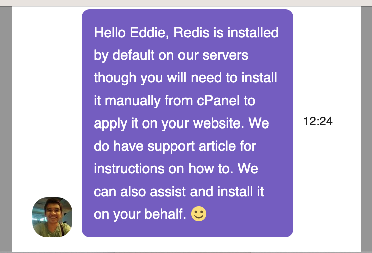 ChemiCloud support reply explaining Redis setup