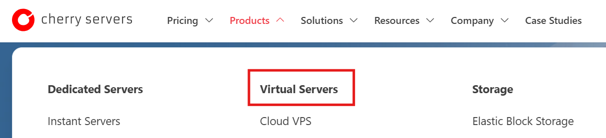 Cherry Servers Products drop down menu with Virtual Servers option selected
