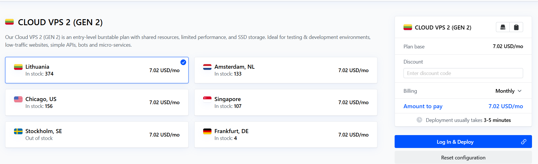 Cherry Servers server location selection page showing Lithuania, Amsterdam, Chicago, Singapore, Stockholm, and Frankfurt options