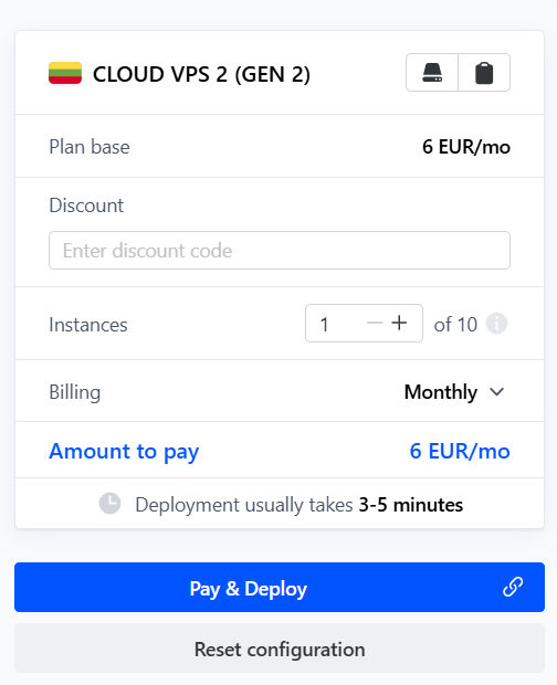 Cherry Servers final checkout page showing order summary, discount field, and instance quantity options