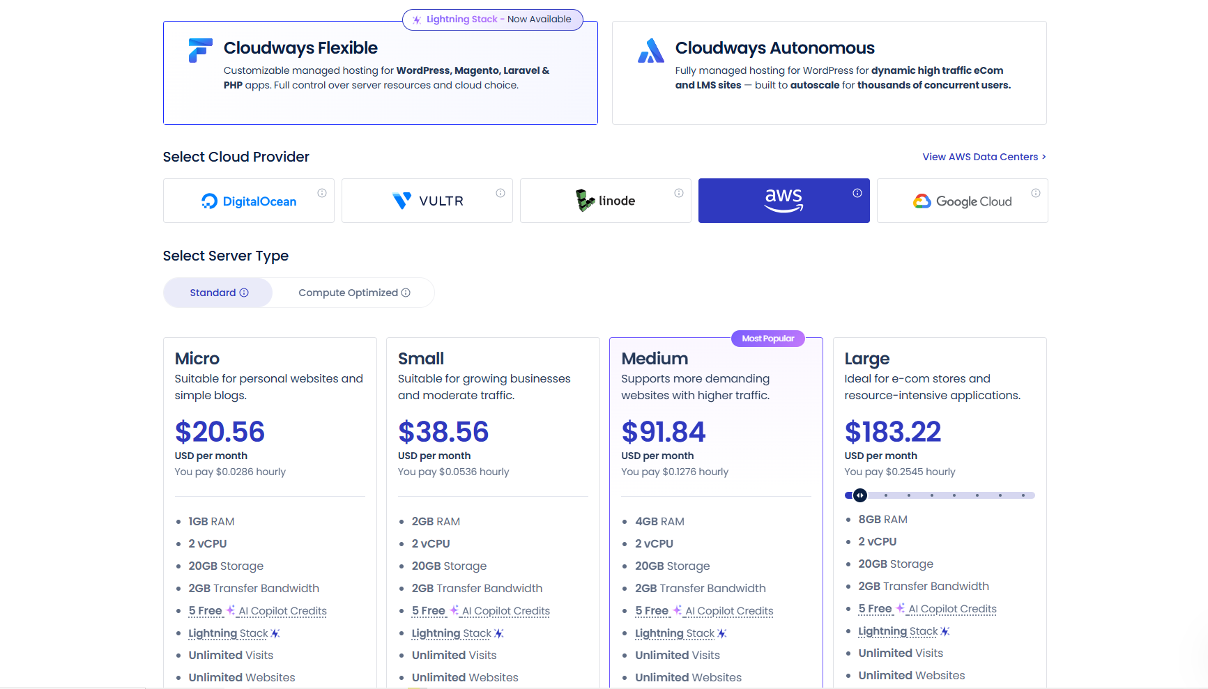 screenshot of Cloudways AWS plans