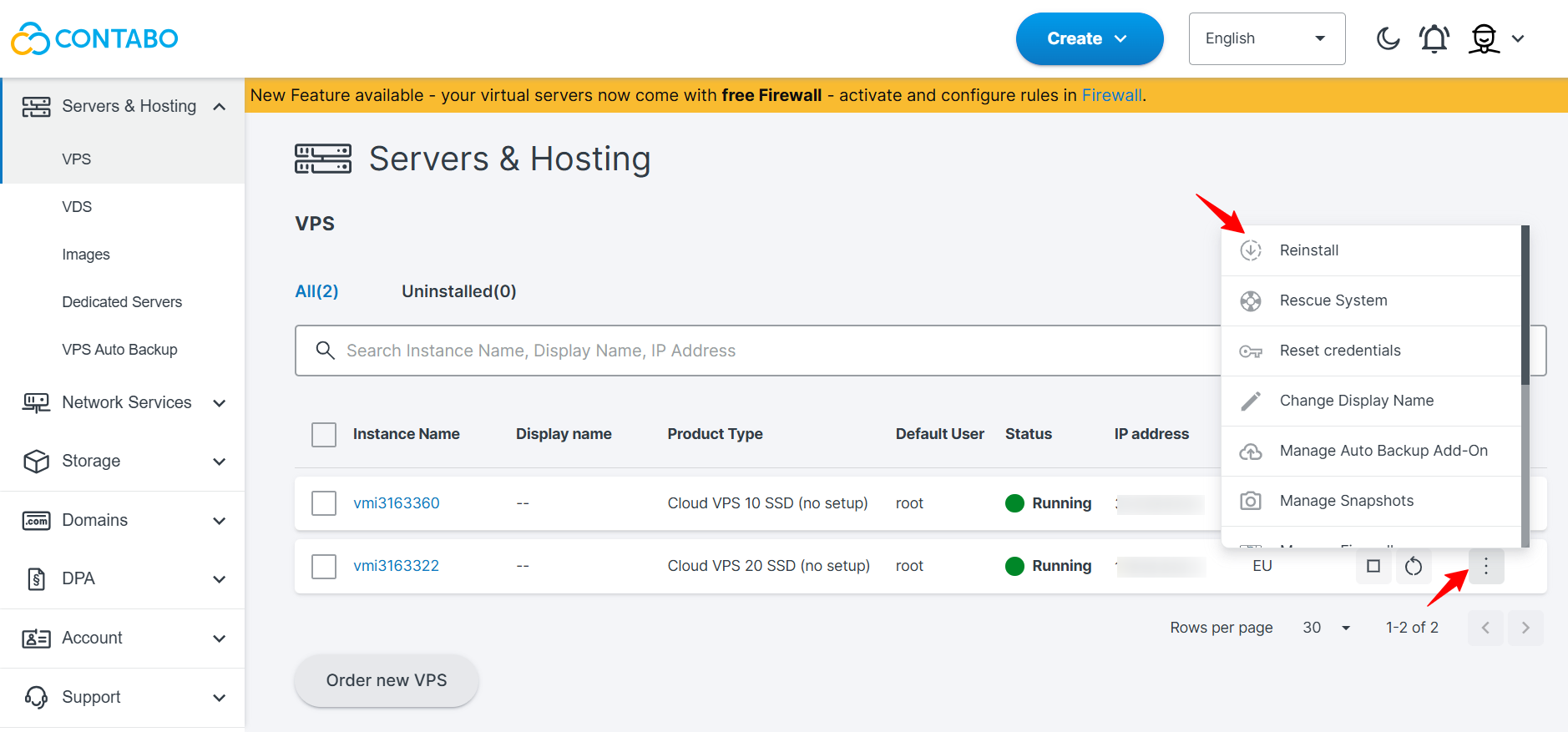 Contabo VPS actions menu showing the Reinstall option for an existing server
