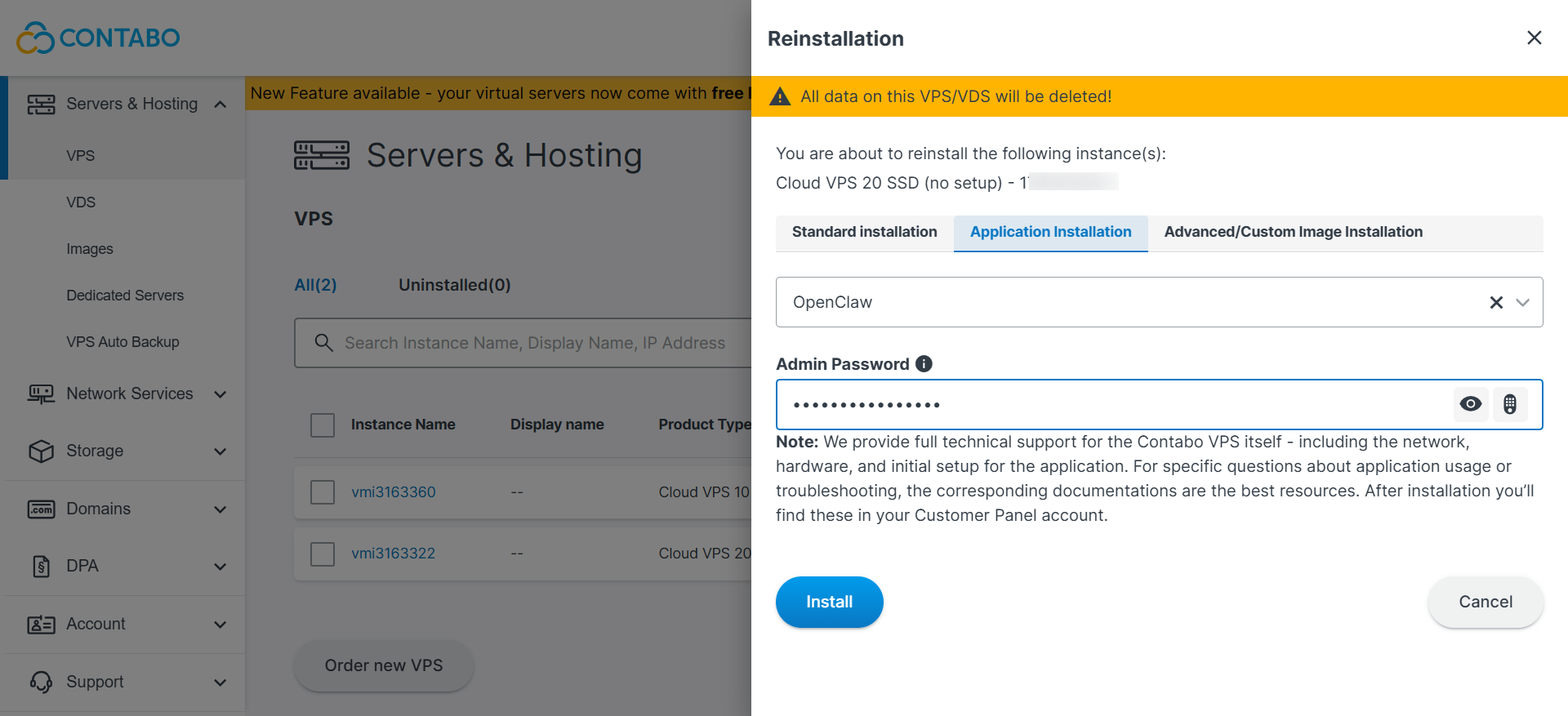 Contabo reinstall modal with OpenClaw selected in the Application Installation tab
