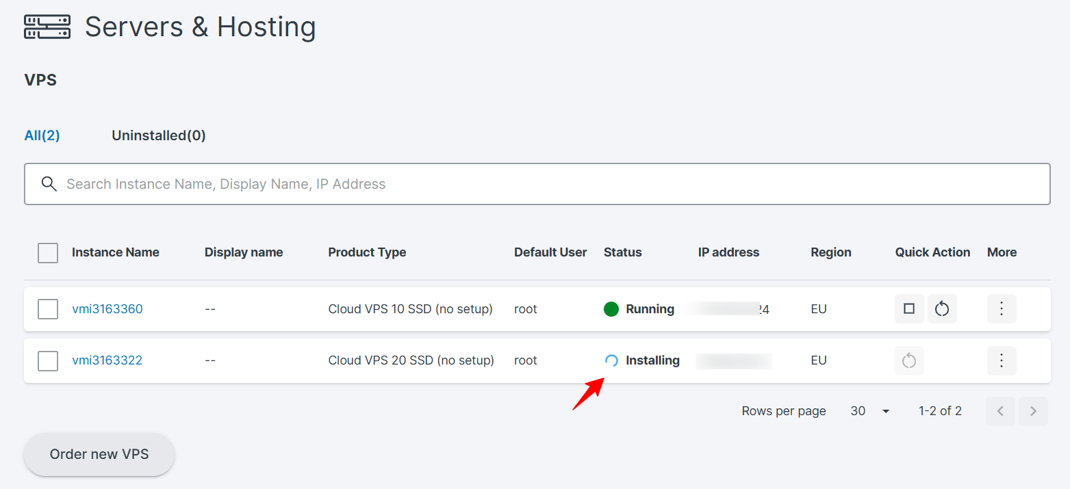 Contabo customer panel showing the VPS status returning to Running after OpenClaw installation