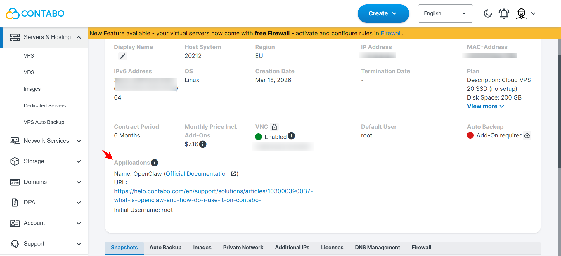 Contabo server details page showing OpenClaw installed in the Applications section