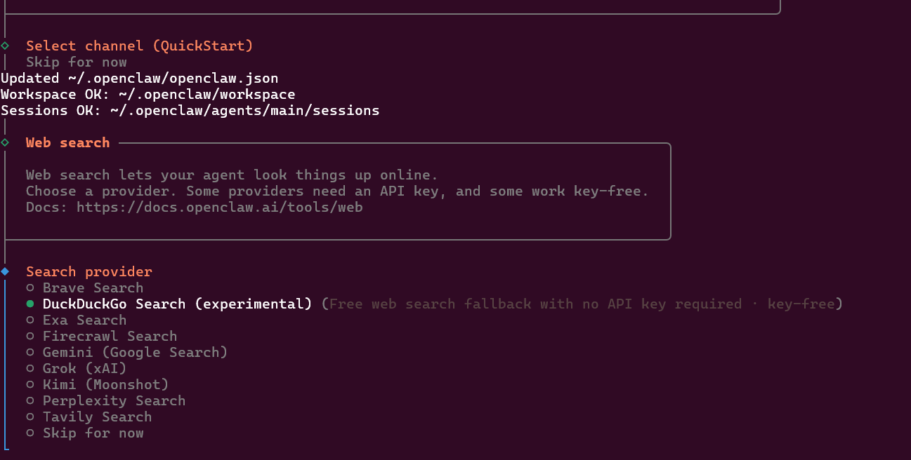 OpenClaw onboarding screen for choosing a web search provider including DuckDuckGo and API based services