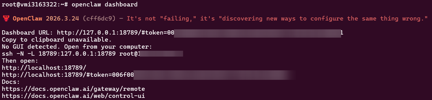 SSH tunnel and OpenClaw dashboard command output used to access the Control UI