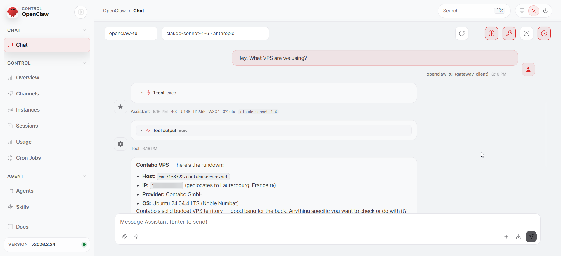 OpenClaw browser based Control UI showing chat settings and activity monitoring