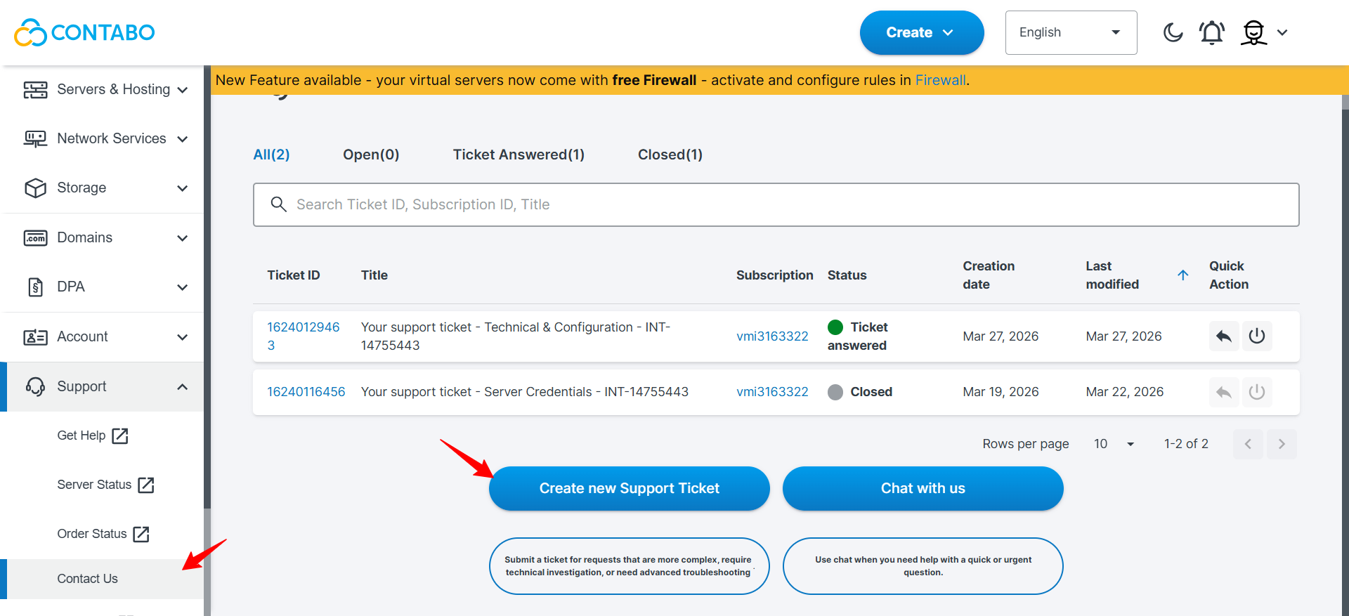 Contabo customer control panel support section with Contact Us selected