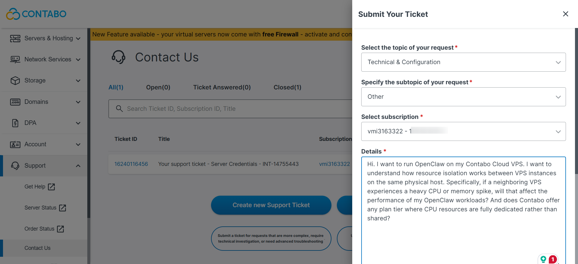 Contabo support ticket form filled with a technical question about VPS resource isolation