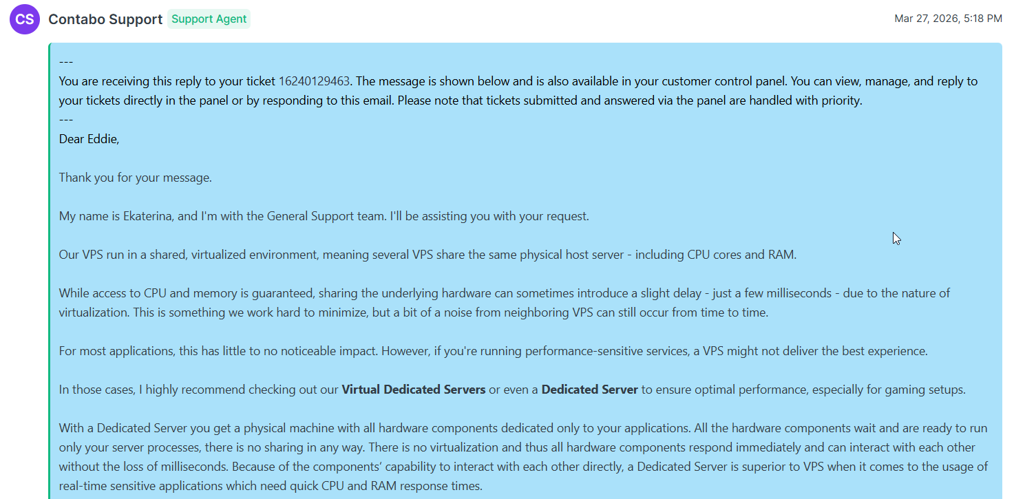 Contabo support reply explaining VPS resource sharing and Virtual Dedicated Server alternatives
