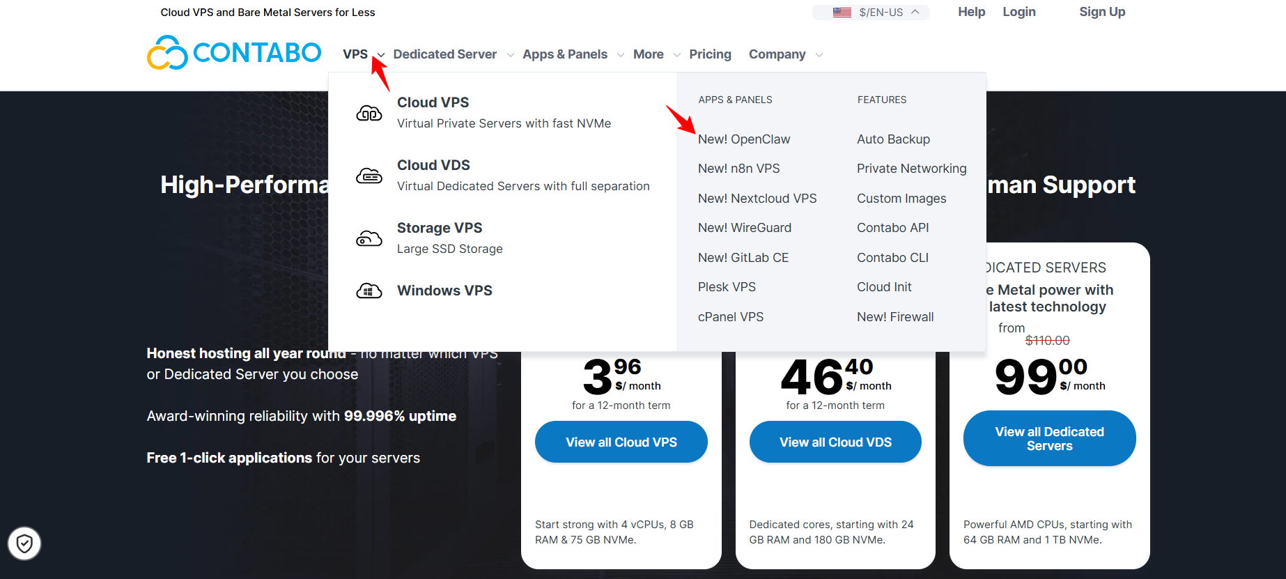 Contabo navigation menu showing OpenClaw in the Apps and Panels section
