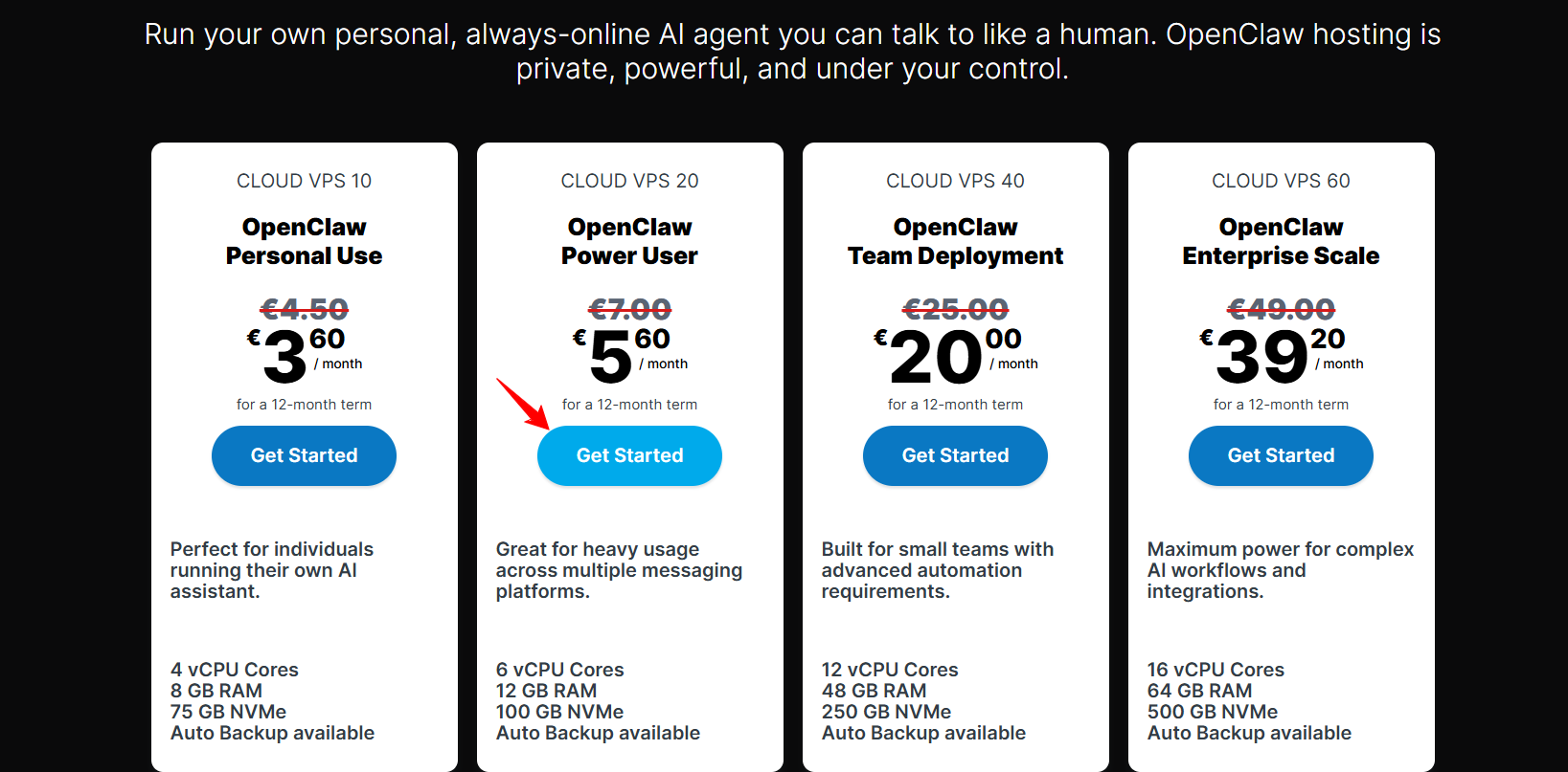 Contabo OpenClaw hosting plans page with use case based plan recommendations