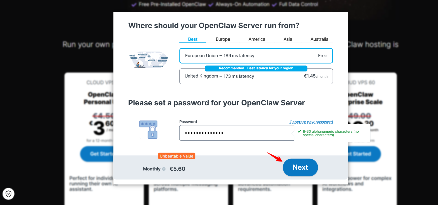 Contabo OpenClaw order modal showing server region and password setup