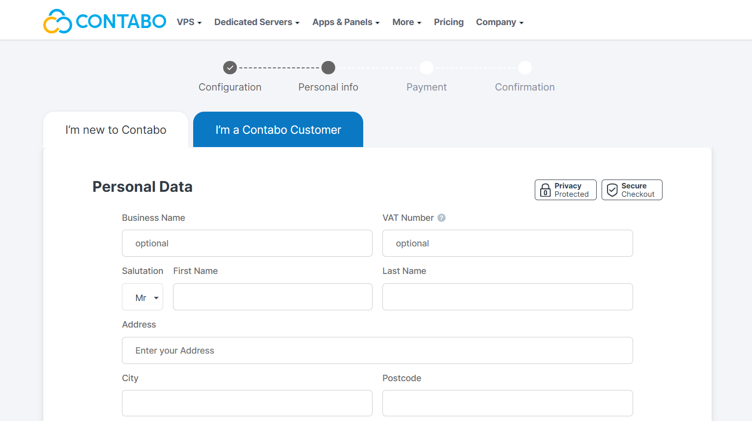 Contabo checkout page for OpenClaw hosting with customer and payment details