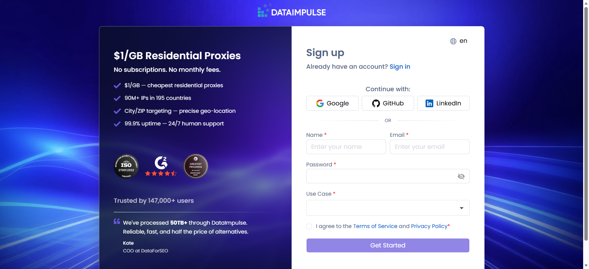 screenshot of DataImpulse Sign Up form