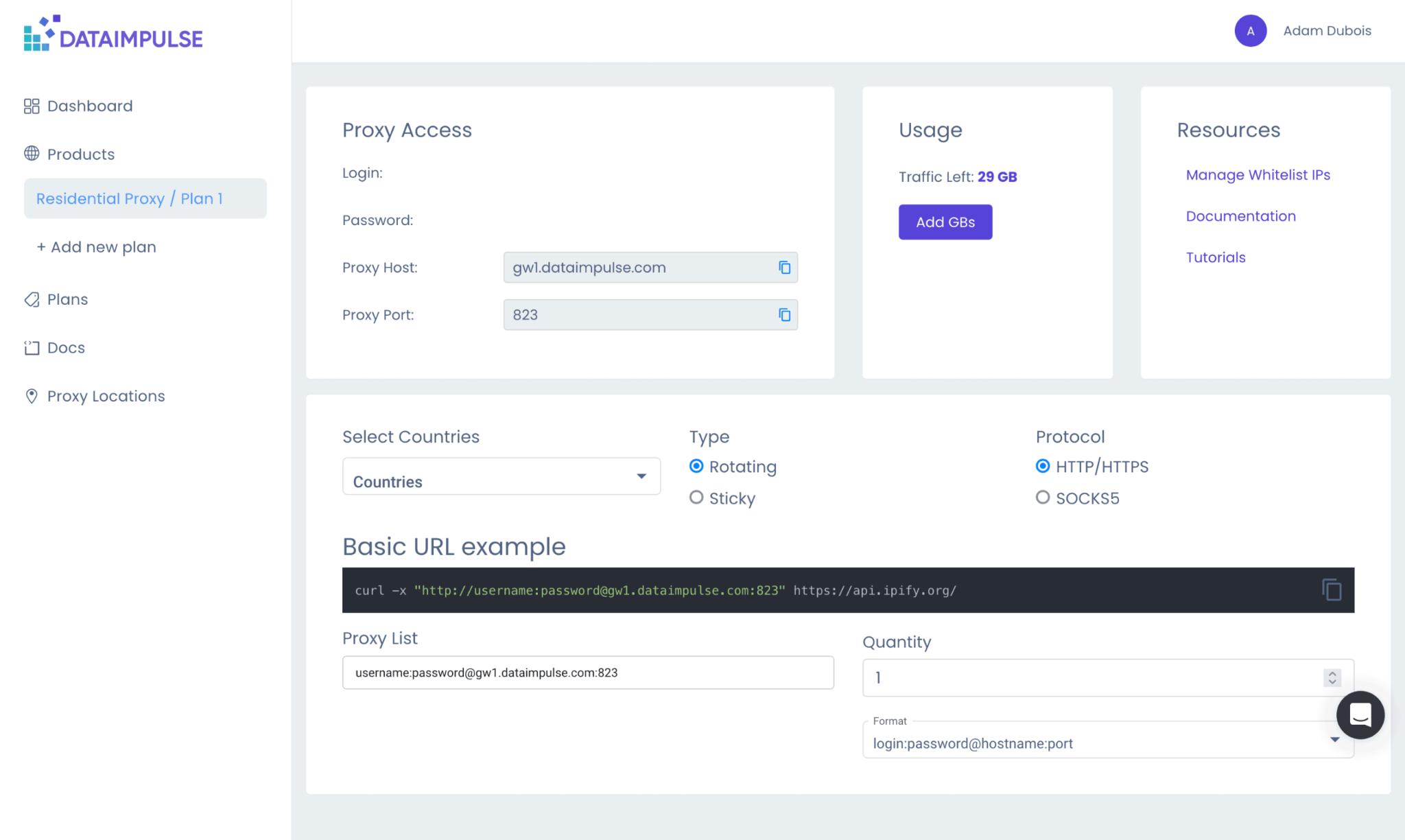 screenshot of DataImpulse Residential Proxy tab