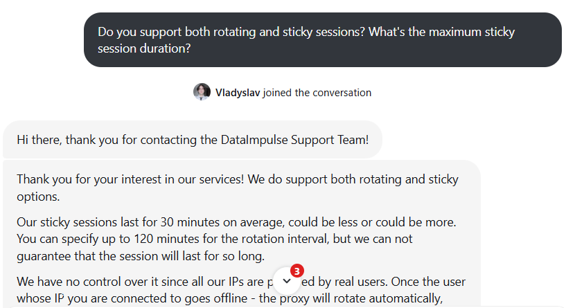 screenshot of DataImpulse live chat conversation