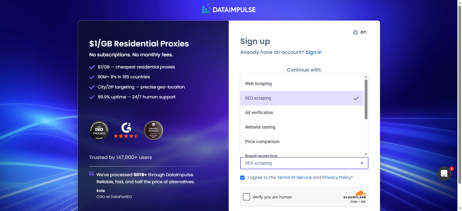 screenshot of DataImpulse Sign Up form