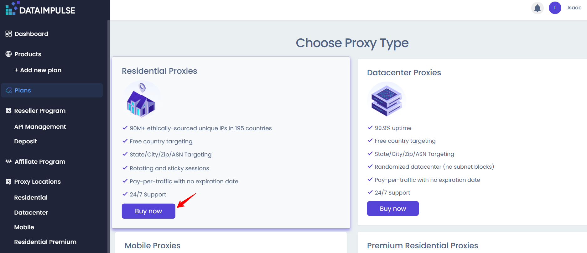screenshot of DataImpulse proxy types
