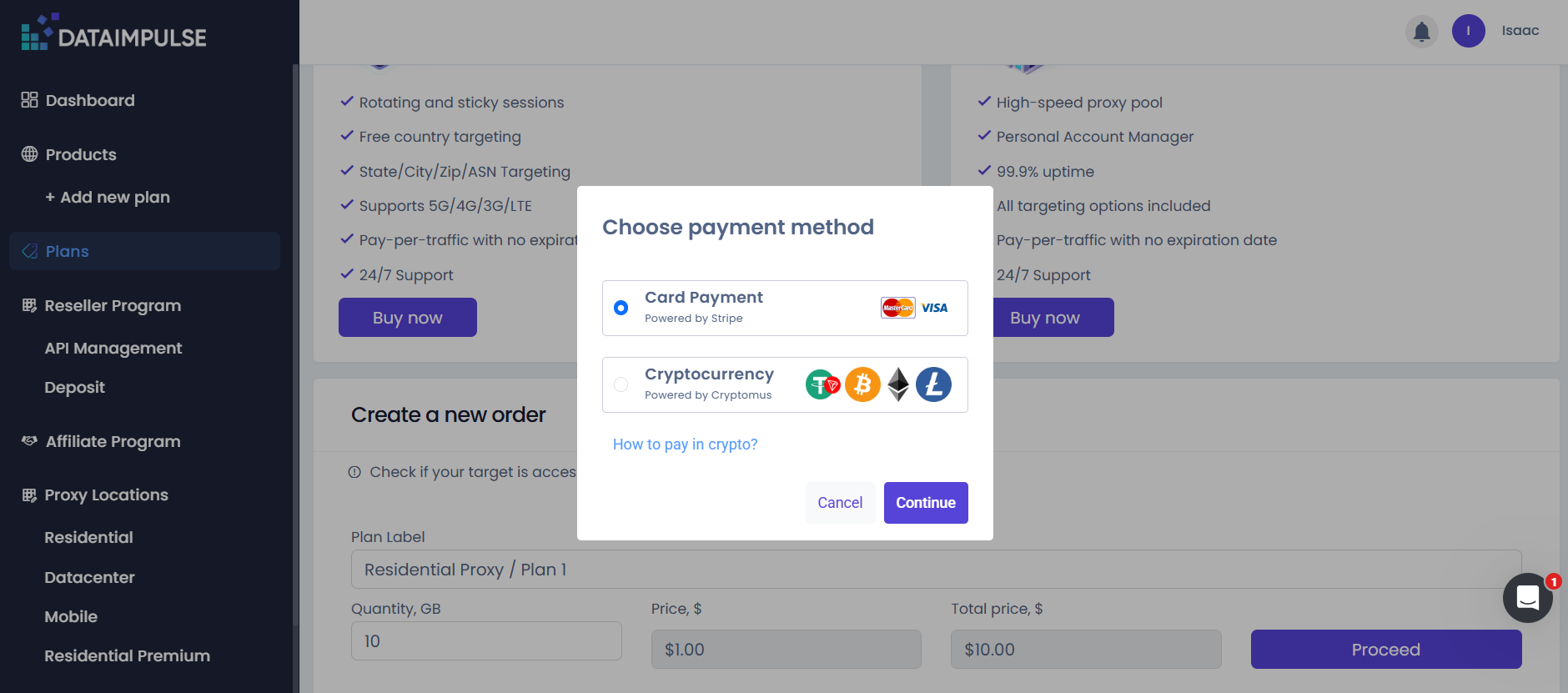 screenshot of DataImpulse payment methods