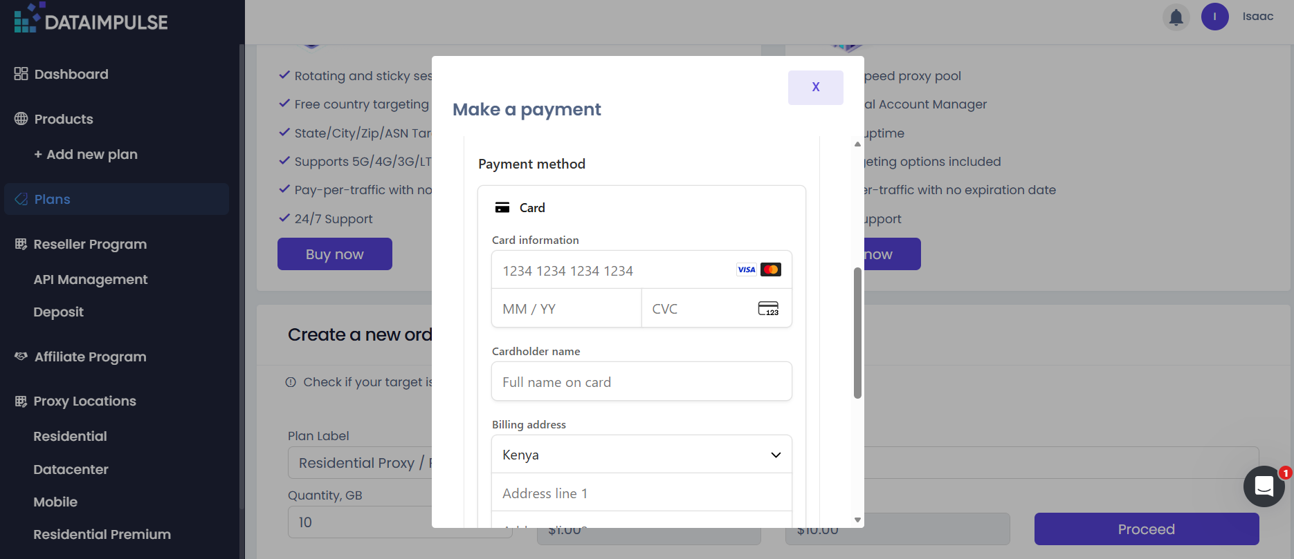 screenshot of DataImpulse payment window
