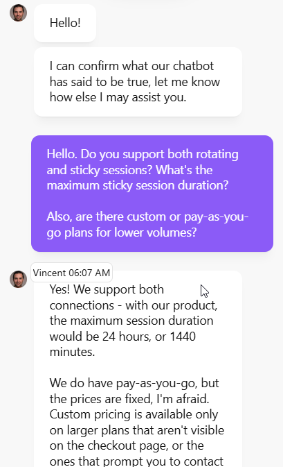 screenshot of Decodo live chat conversation