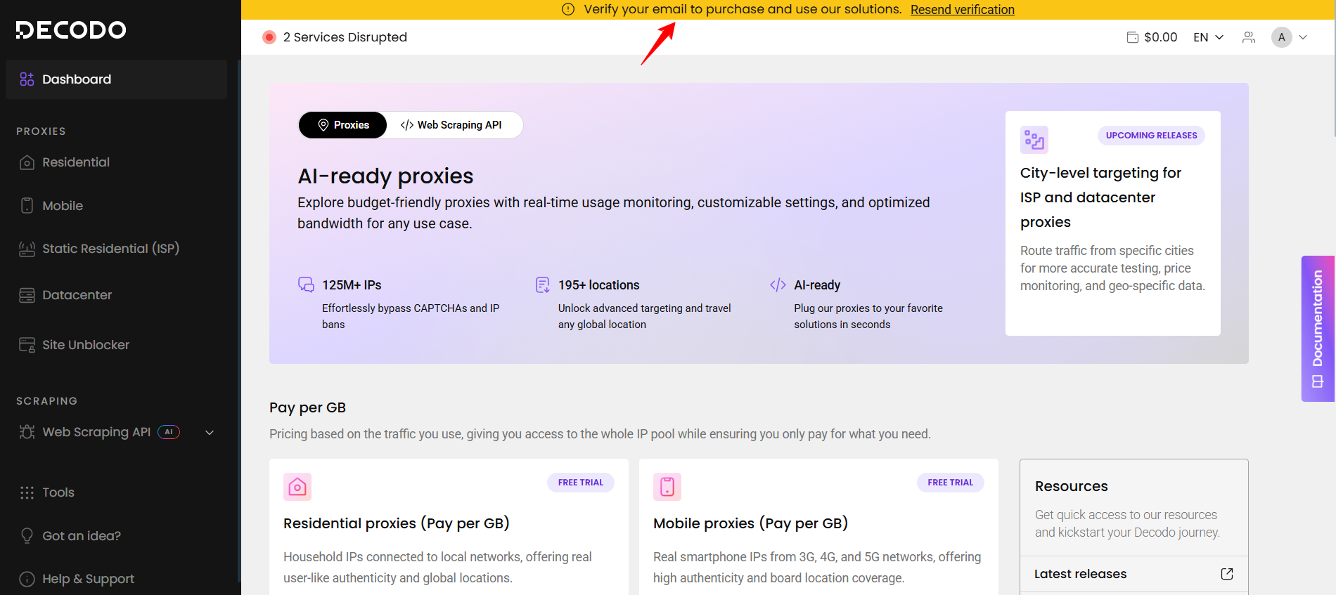 screenshot of Decodo dashboard email verification message