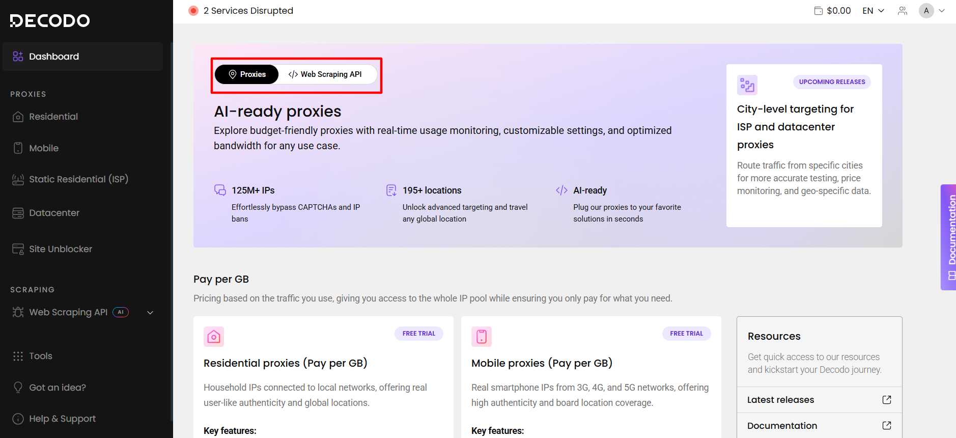 screenshot of Decodo dashboard
