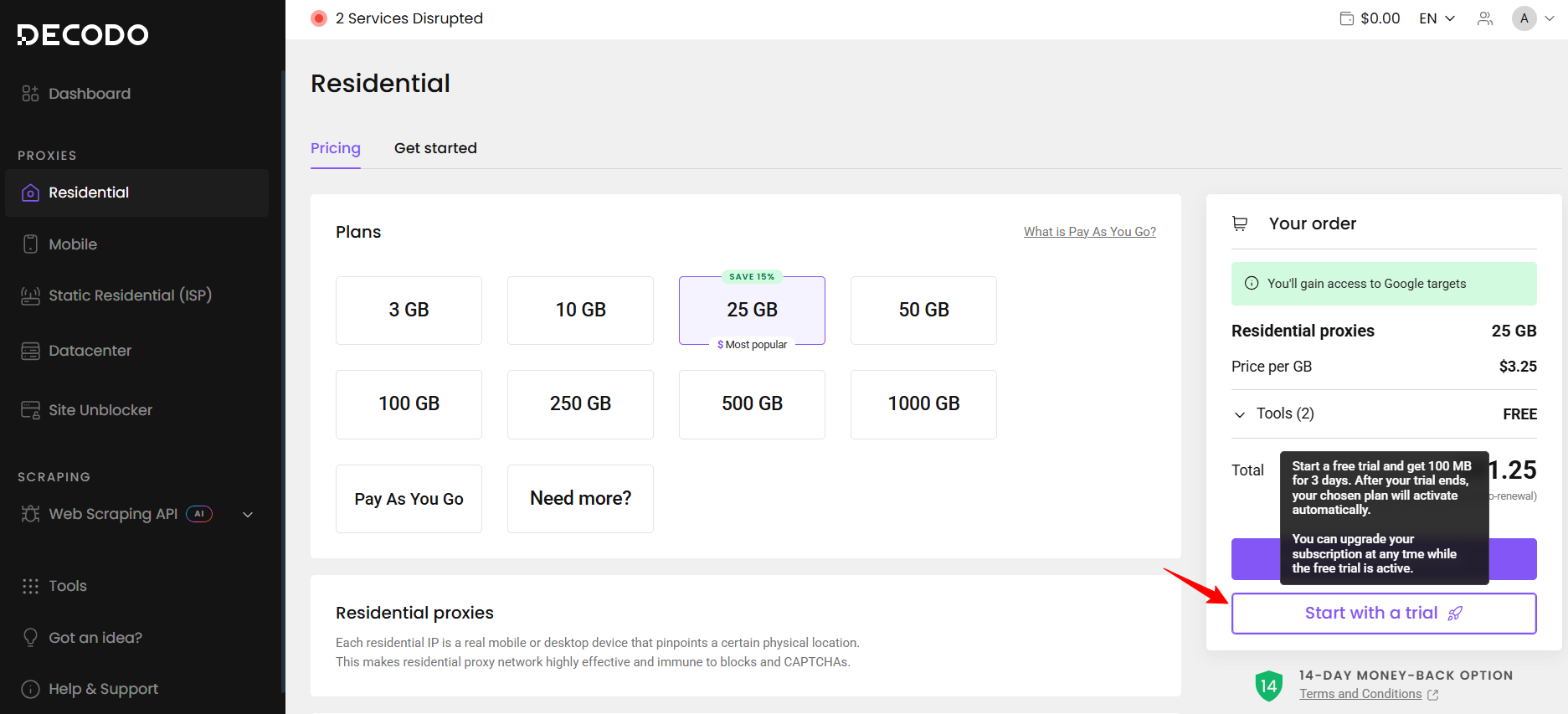 screenshot of Start with a trial button