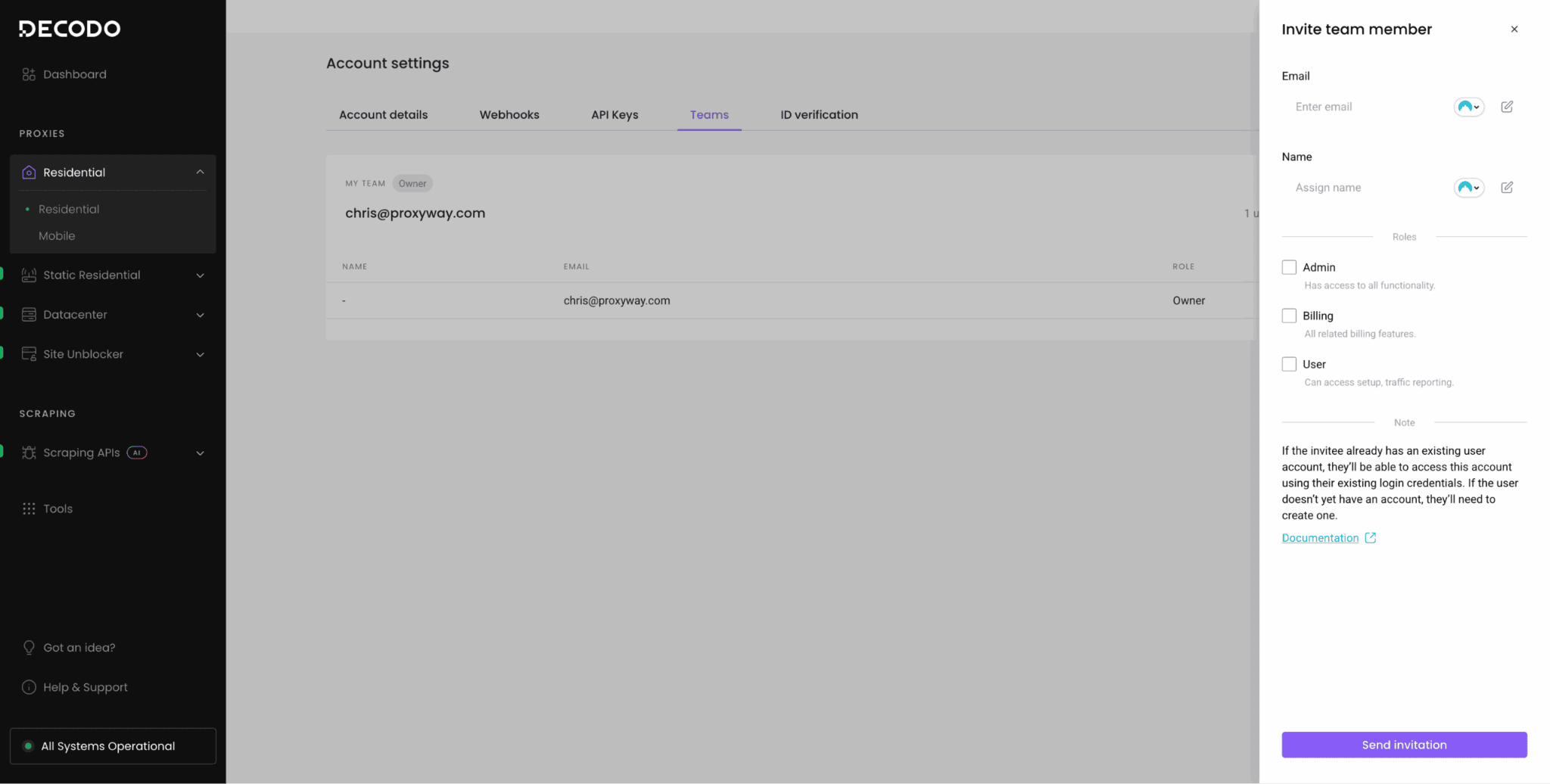 screenshot of Decodo Invite menu