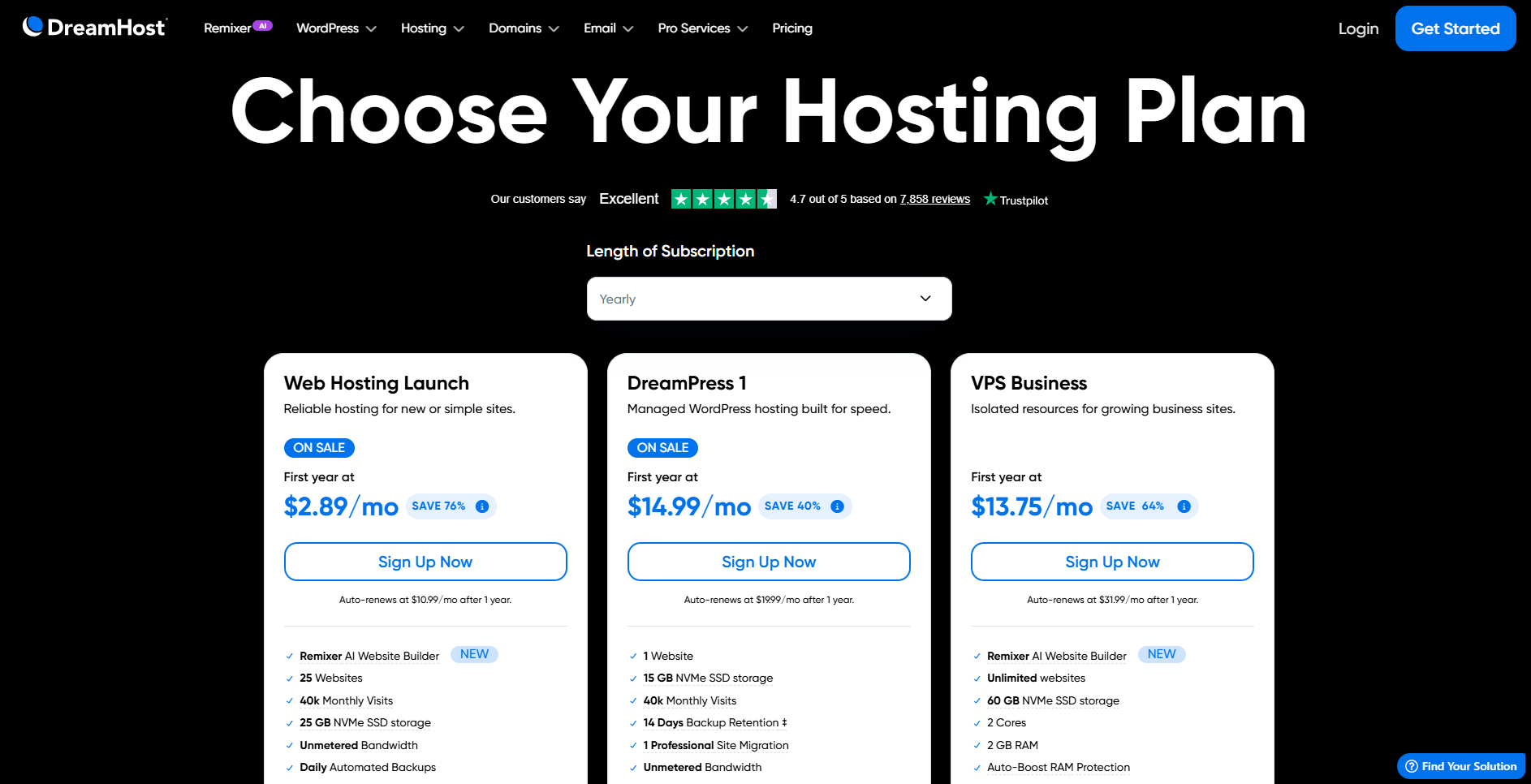 screenshot of DreamHost hosting plans