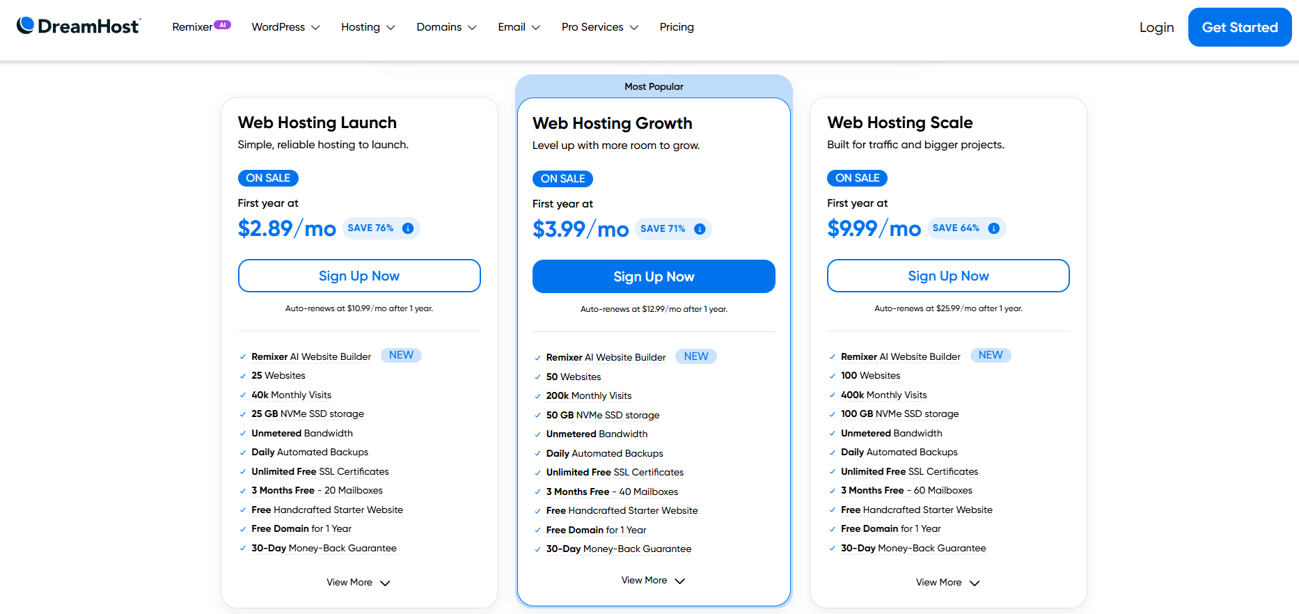 screenshot of DreamHost hosting plans
