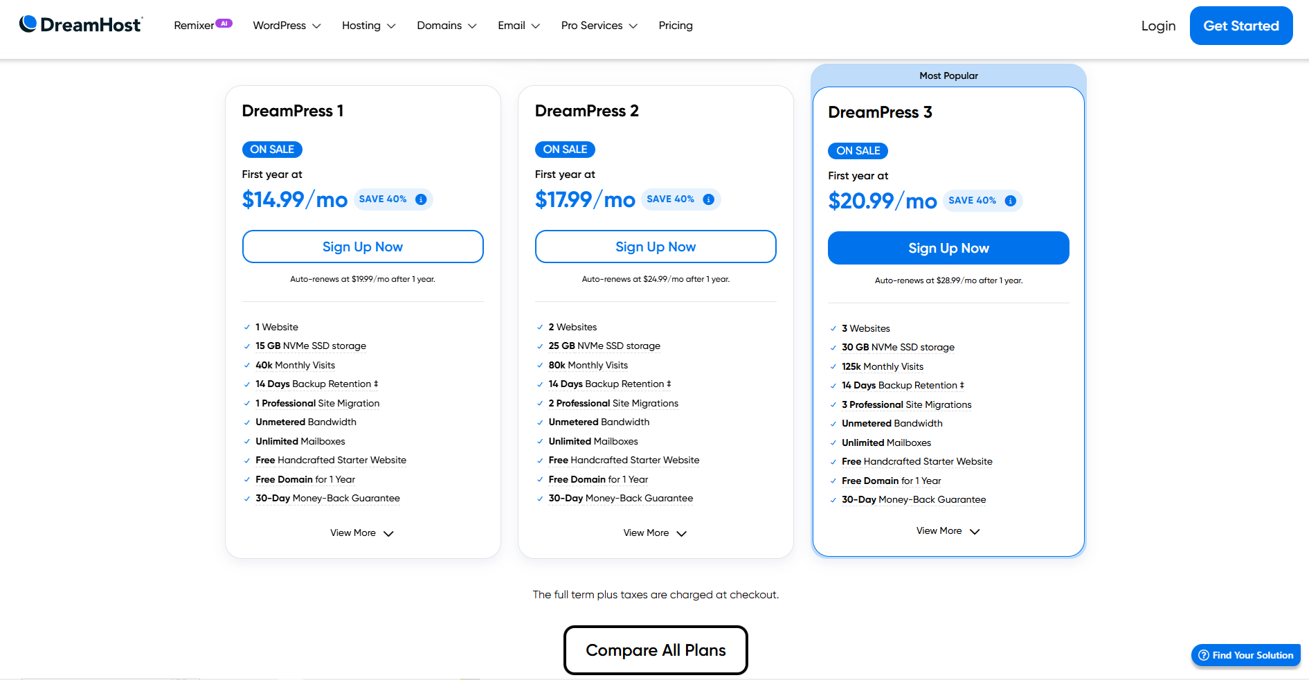 screenshot of DreamPress hosting plans