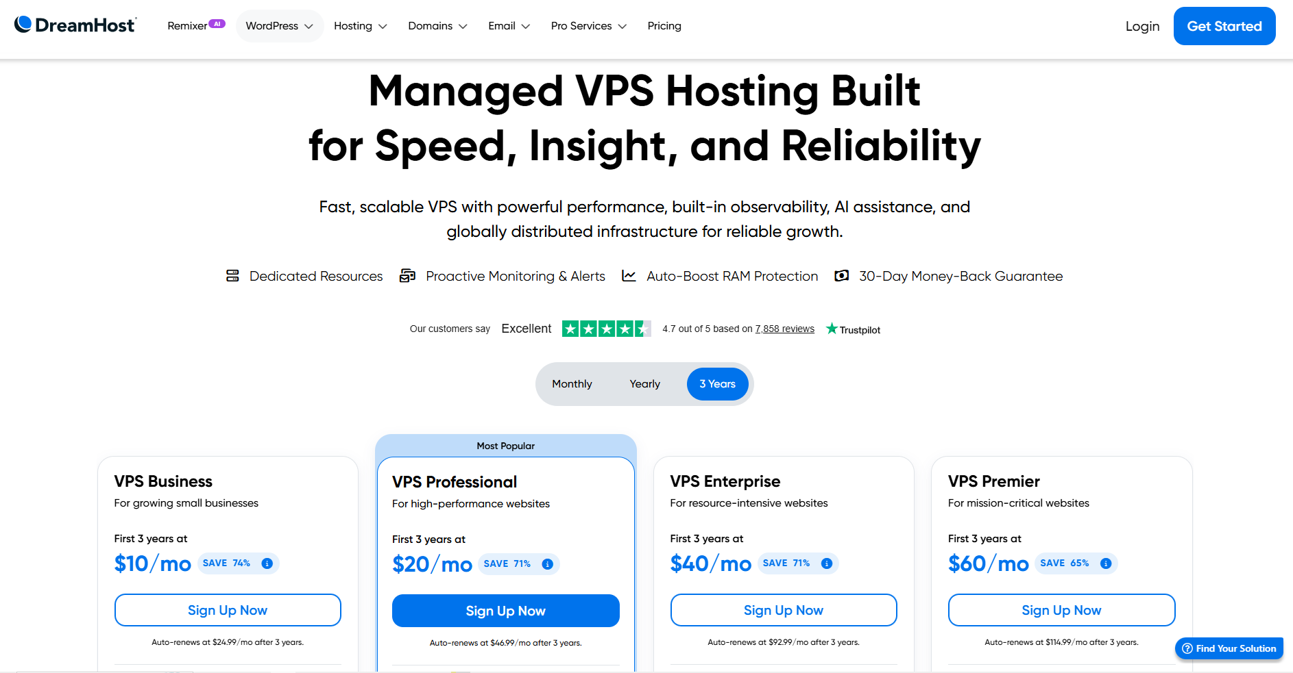 screenshot of DreamHost VPS Hosting plans