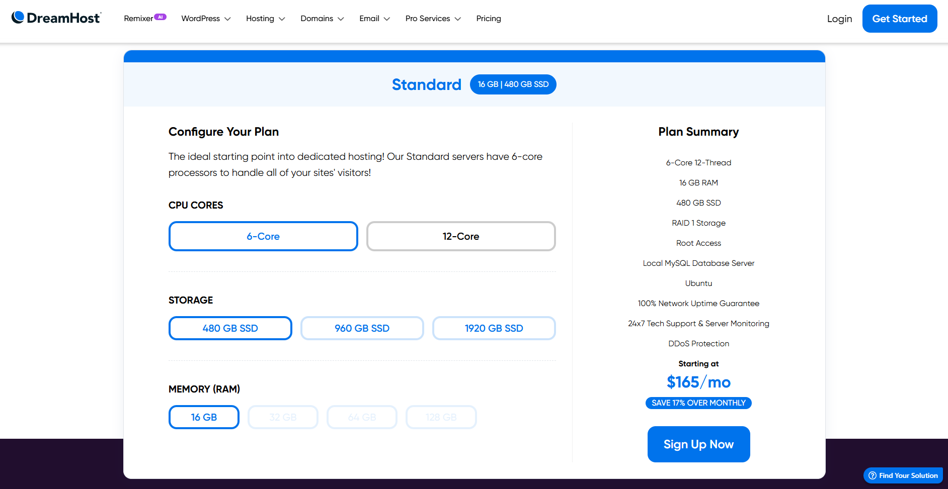 screenshot of DreamHost Hosting plan configurations