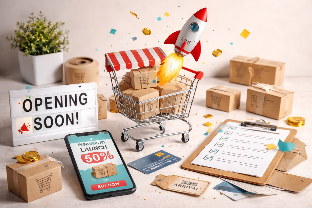 eCommerce launch with shopping cart and rocket.