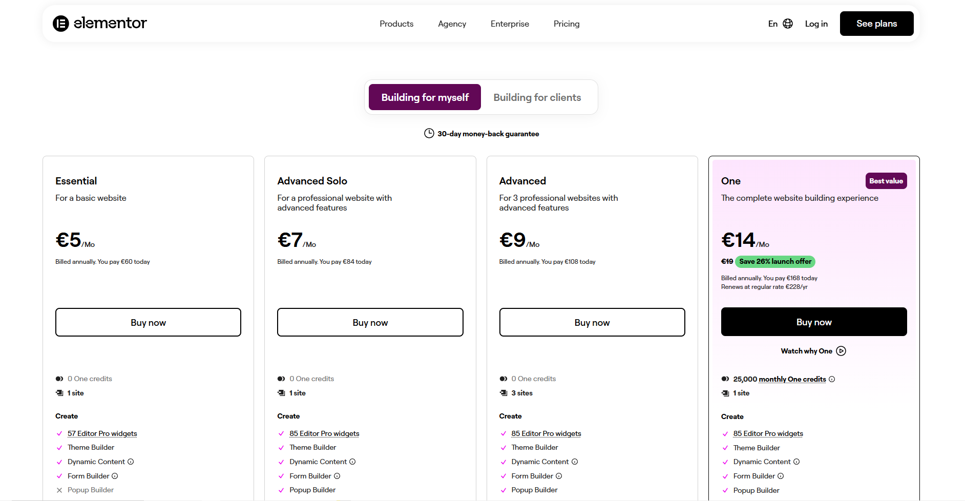 screenshot of Elementor Plans