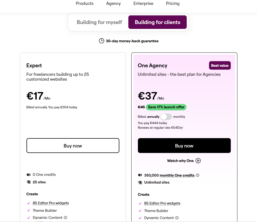 screenshot of Elementor 'Building for clients' Plans