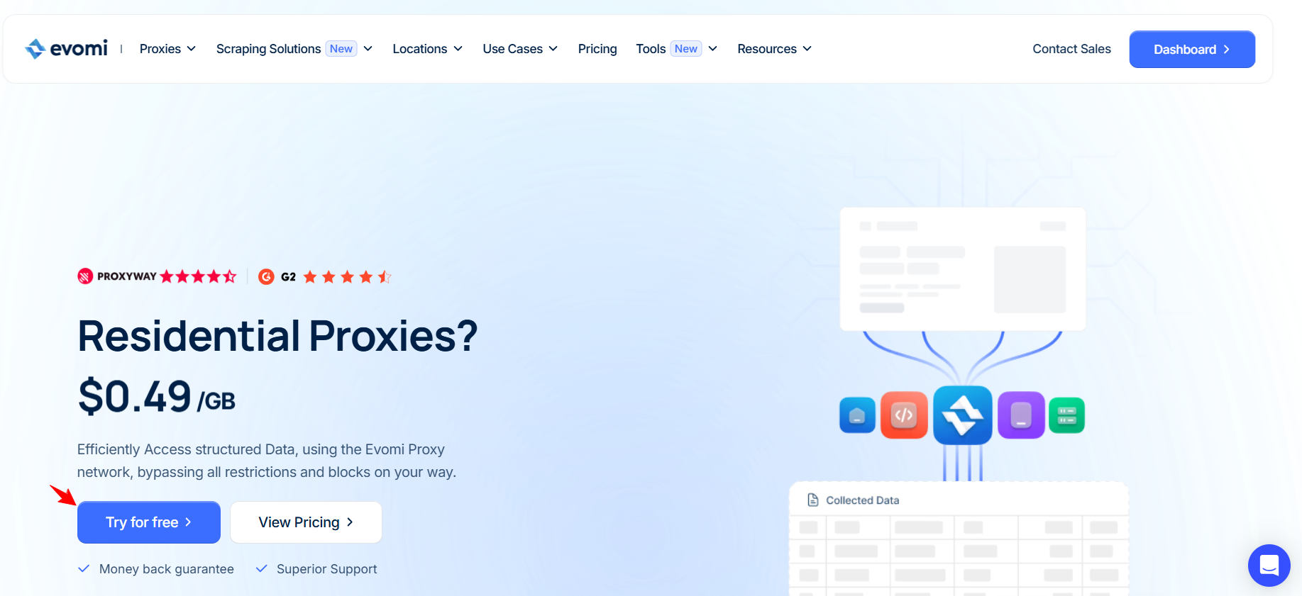 screenshot of Evomi's homepage