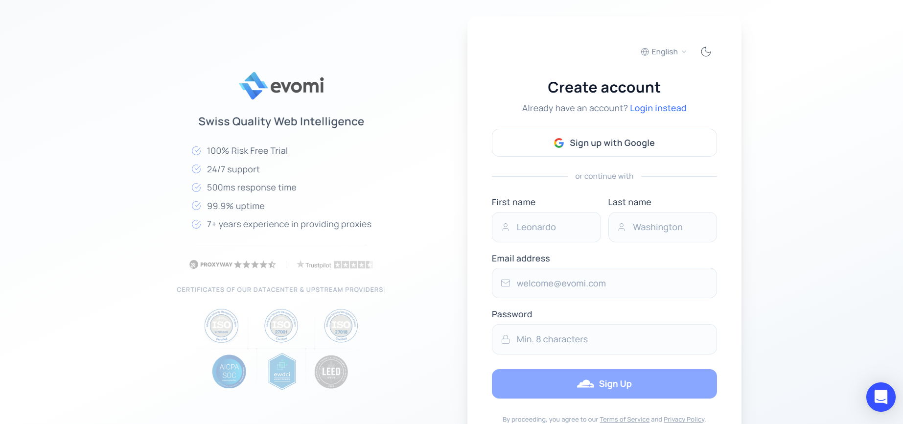 screenshot of Evomi registration form