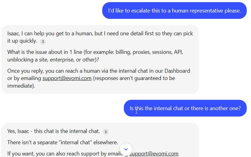screenshot of Evomi Livechat conversation