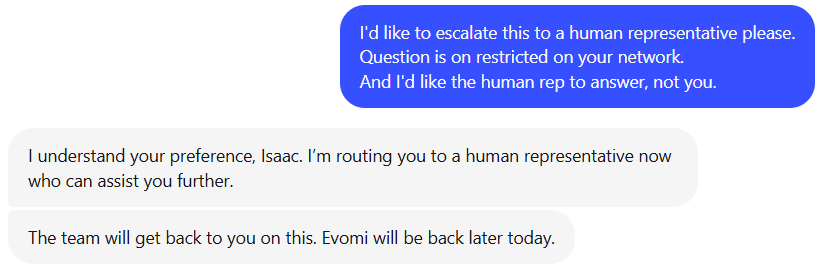 screenshot of Evomi Livechat conversation