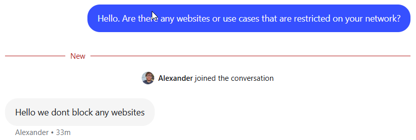 screenshot of Evomi livechat conversation