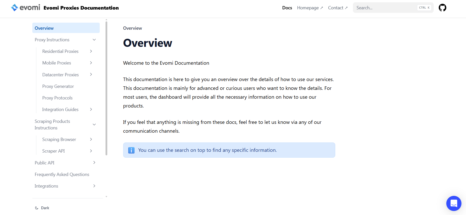 screenshot of Evomi Documentation